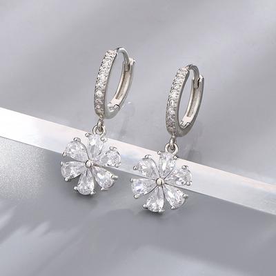 Sparkling Zircon Flower Drop Earrings for Women Silver Color Crystal Inlaid Hoop Earrings Elegant Wedding Party  Gift