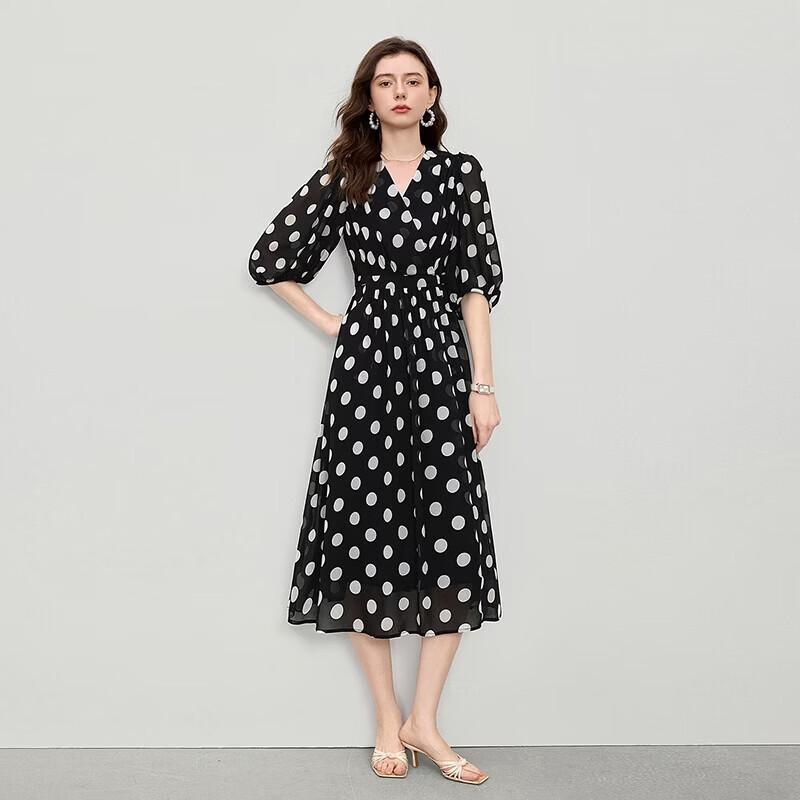 French Elegant Polka Dot Chiffon V-Neck Midi Tea Dress