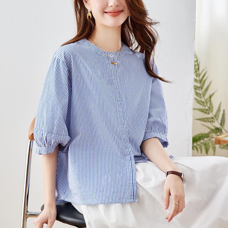 Round Neck Blue Striped Shirt for Women Short-sleeved Summer New Top Loose Casual Cotton Shirt