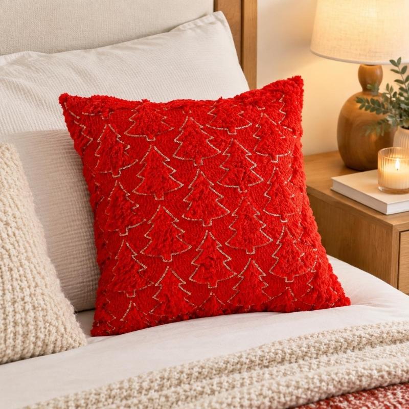 Christmas Throw Pillow Cover Set of 2, Plush Faux Furs Cushion Covers with Raised Embroidery for Coordinated Indoor Seating