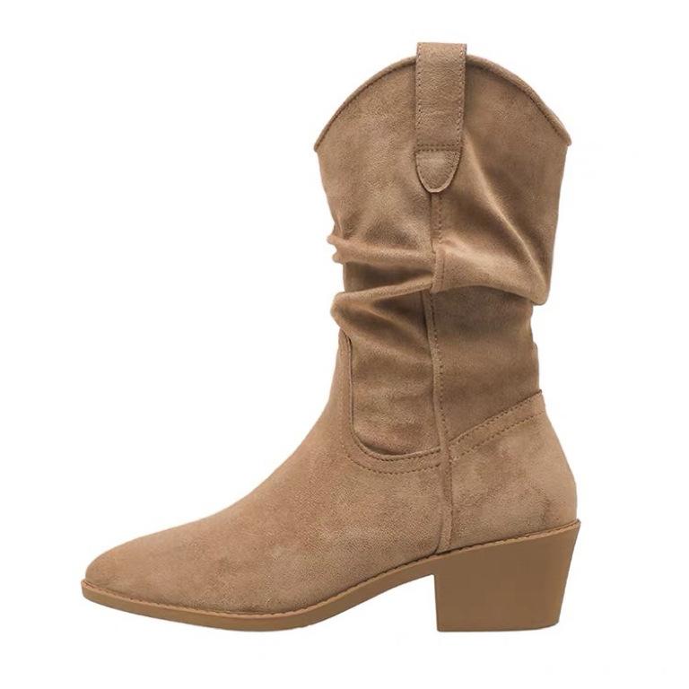 2025 Autumn and Winter New Thick-heeled Martin Boots Women's Retro Wasteland Wind Pleated Medium Boots High-heeled Suede Knight Boots
