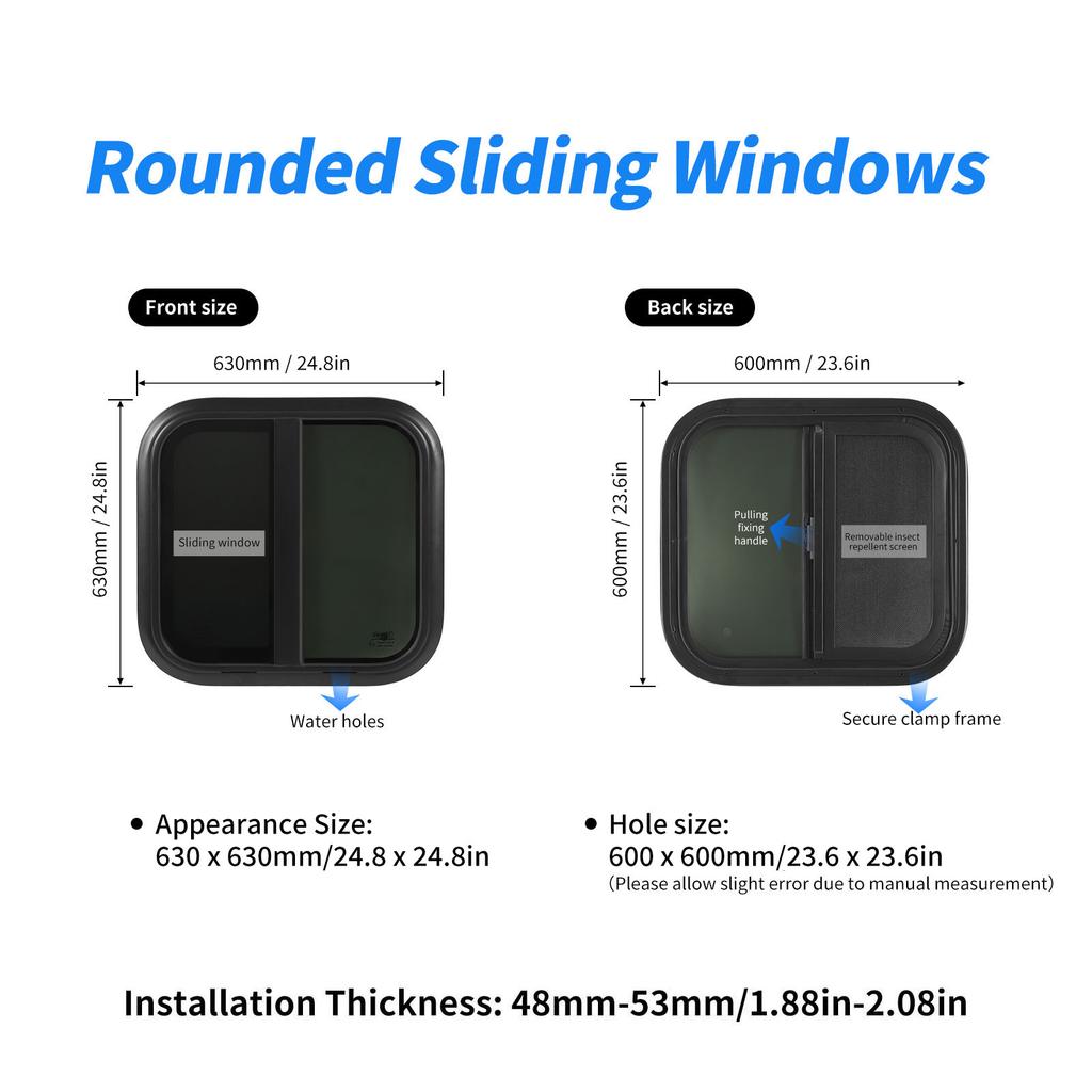 600x600mm RV Rounded Black Aluminium Alloy Sliding Window UV Resistant Removable Insect Screen for Caravan  RV