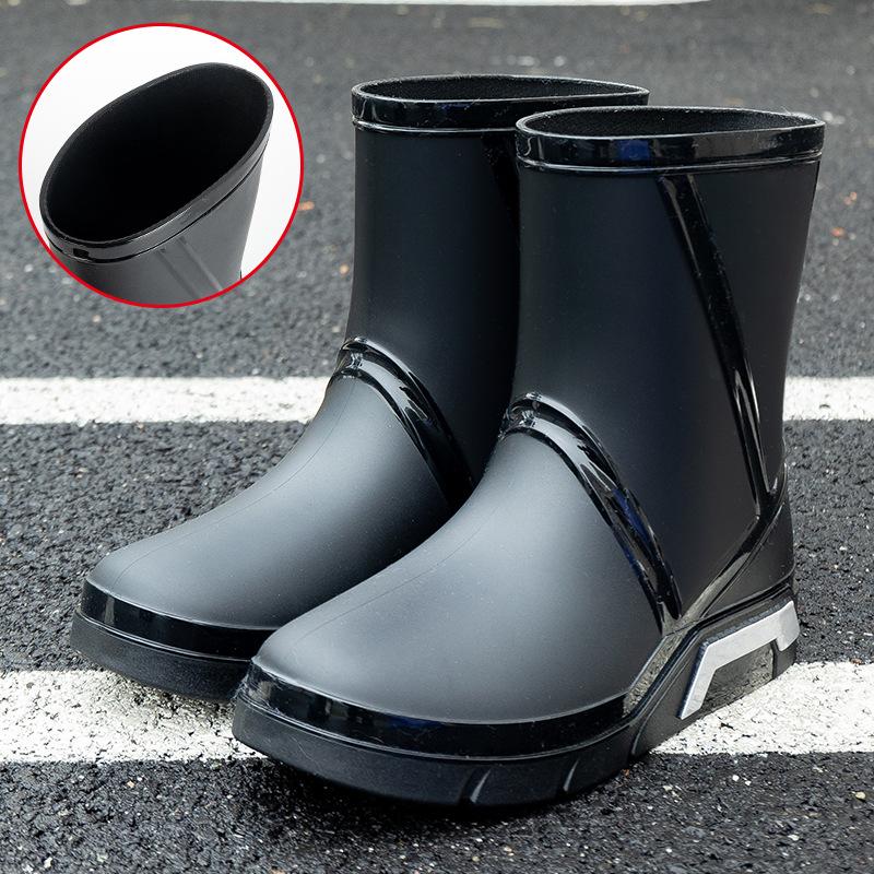Fashion Men Rain Boots Mid-Calf Length Non-slip Waterproof Rain Boots Car Washing Fishing Leisure Work Rubber Shoes with Cotton