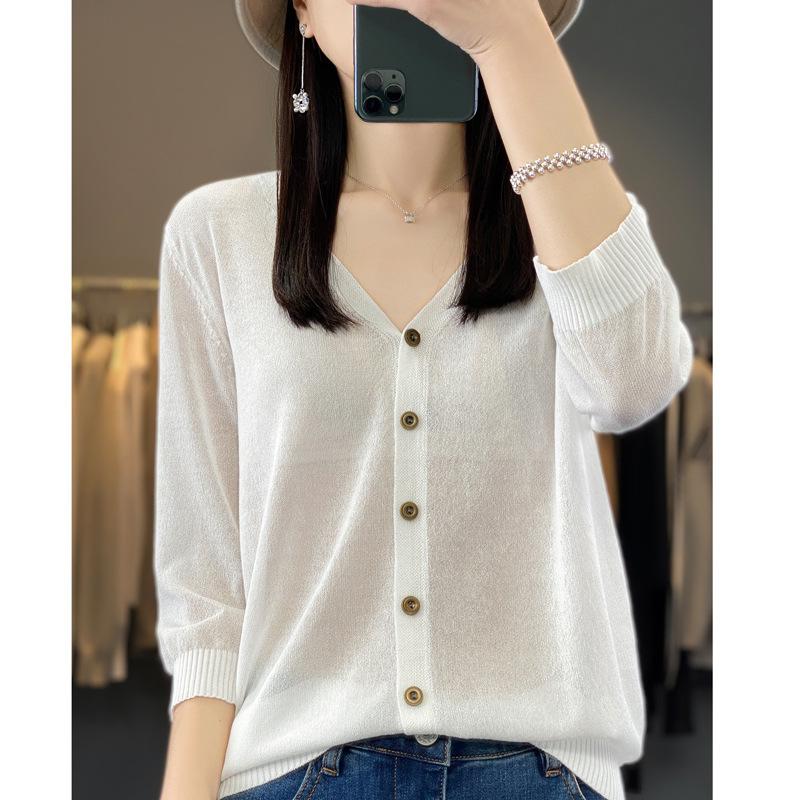 

Осенний вязаный кардиган с длинными рукавами, тонким кружевом с v-образным вырезом снаружи и солнцезащитной рубашкой XL белый