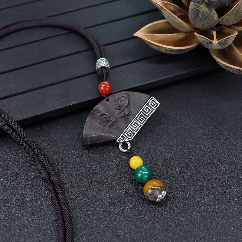 Retro Literary and Artistic Long Ebony Necklace Wooden Pendant Women's Simple Zen Sweater Chain Cotton and Linen Accessories