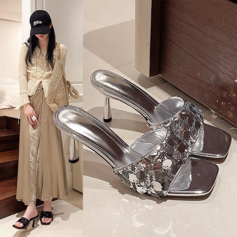 Fashion Hot Selling 2025 New French Style Fashion Shallow Women's Slippers Sequins Modem Slippers High Quality Square Toe Heels Women