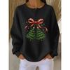 Women Christmas Tree Print Round Neck Henley Long Sleeve Waffle Knit Top