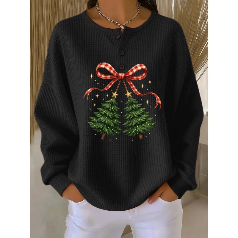 Women Christmas Tree Print Round Neck Henley Long Sleeve Waffle Knit Top