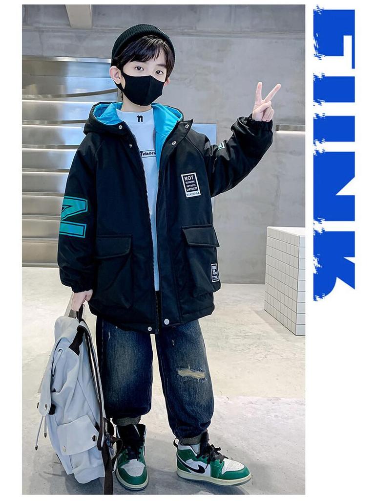 Boys' 2025 Winter Cotton-Padded Fleece-Lined Parka with Rabbit Fur