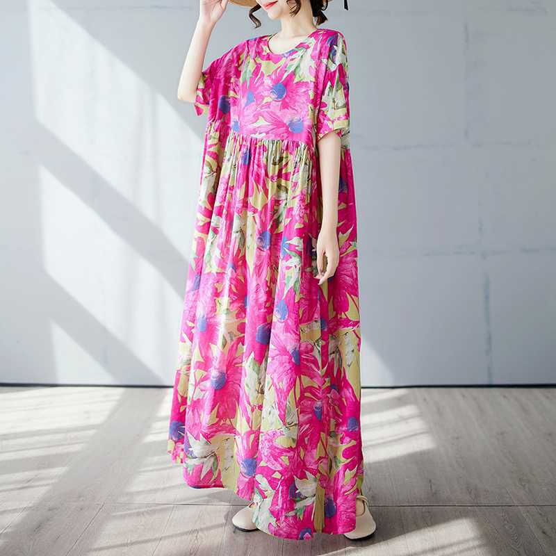 Einfacher und modischer langer Rock Sommer Kurzärmel Rundhals bedrucktes Kleid