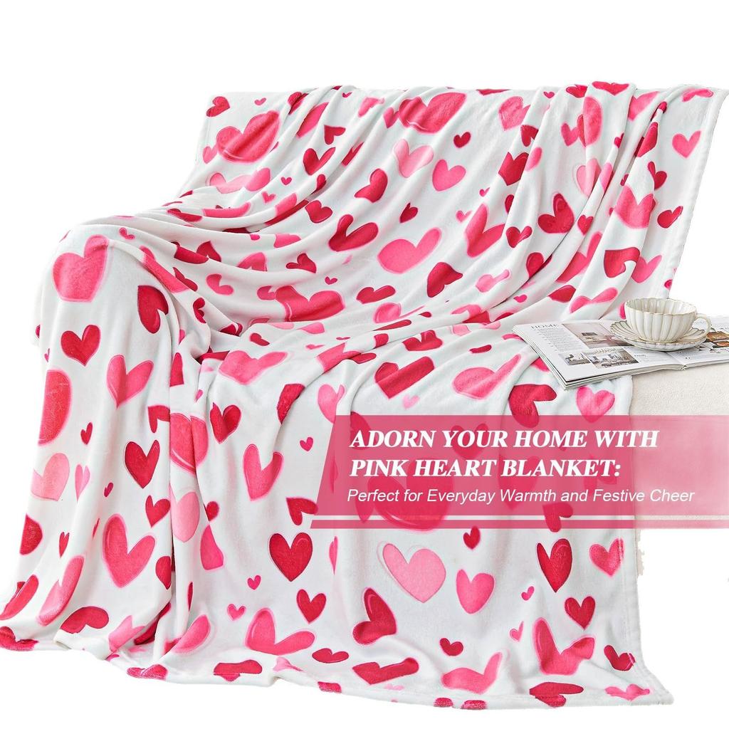 Pink heart-shaped pattern Printed Blanket for Sofa Bed Travel Camping Living Room Office Conditioning Blanket