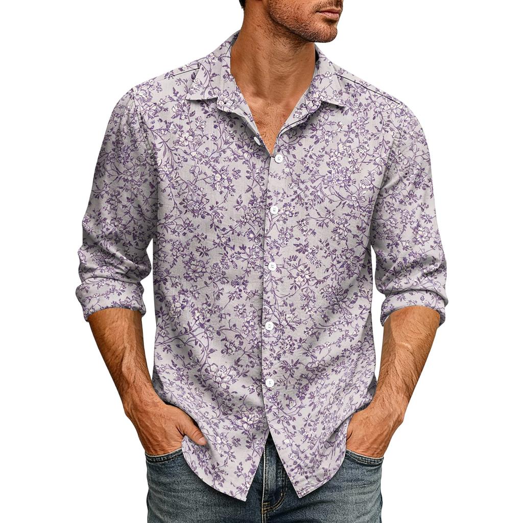Men's Loose Fit Long Sleeve Shirt Vintage Style Casual Button Down Shirt with Spread Collar Suitable for Spring and Autumn
