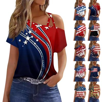 Women's Fashion Casual Independence Day Print Sexy Cold Shoulder Short Sleeve T-shirt Top