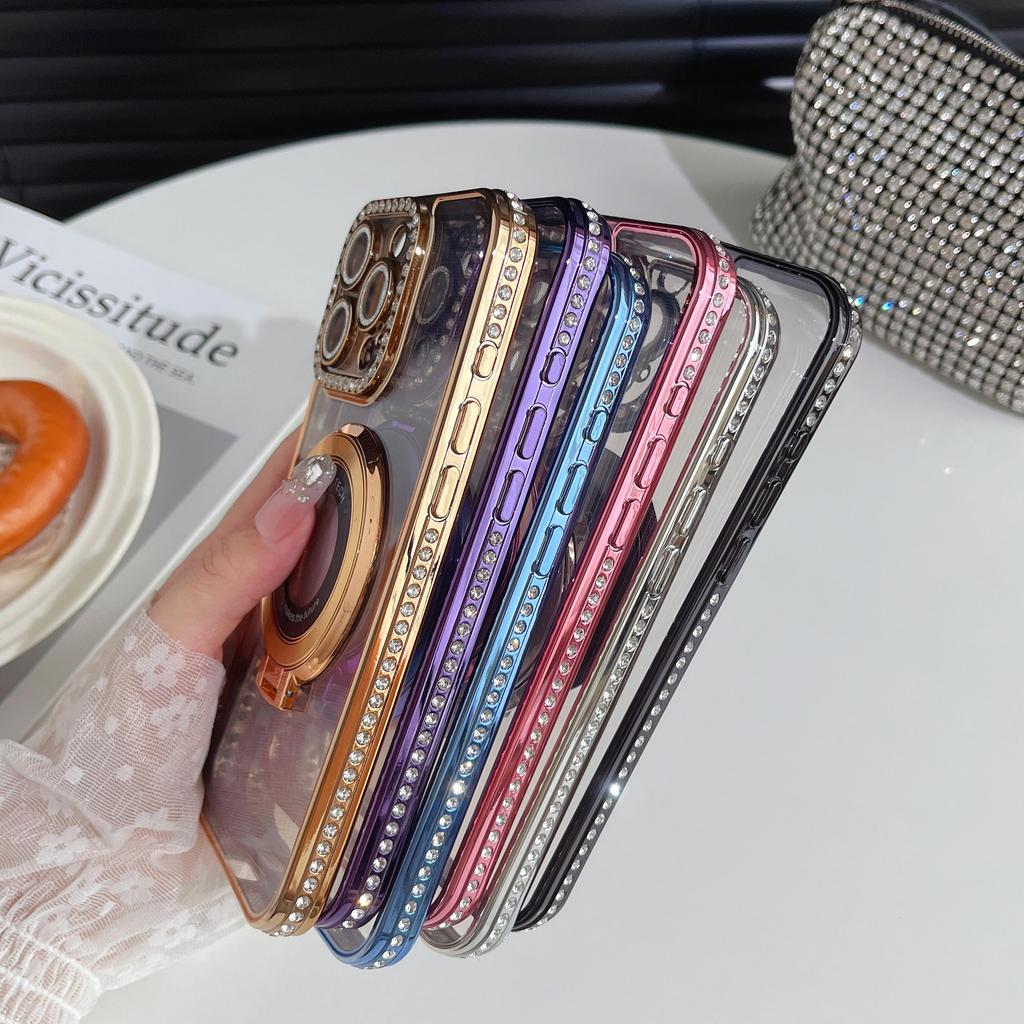 Magnetic Plating Glitter Diamond Camera Lens Protector Bumper Phone Case With Stand For iPhone 17 16 15 Pro Max Samsung S25 S24 Clear Protective Cover