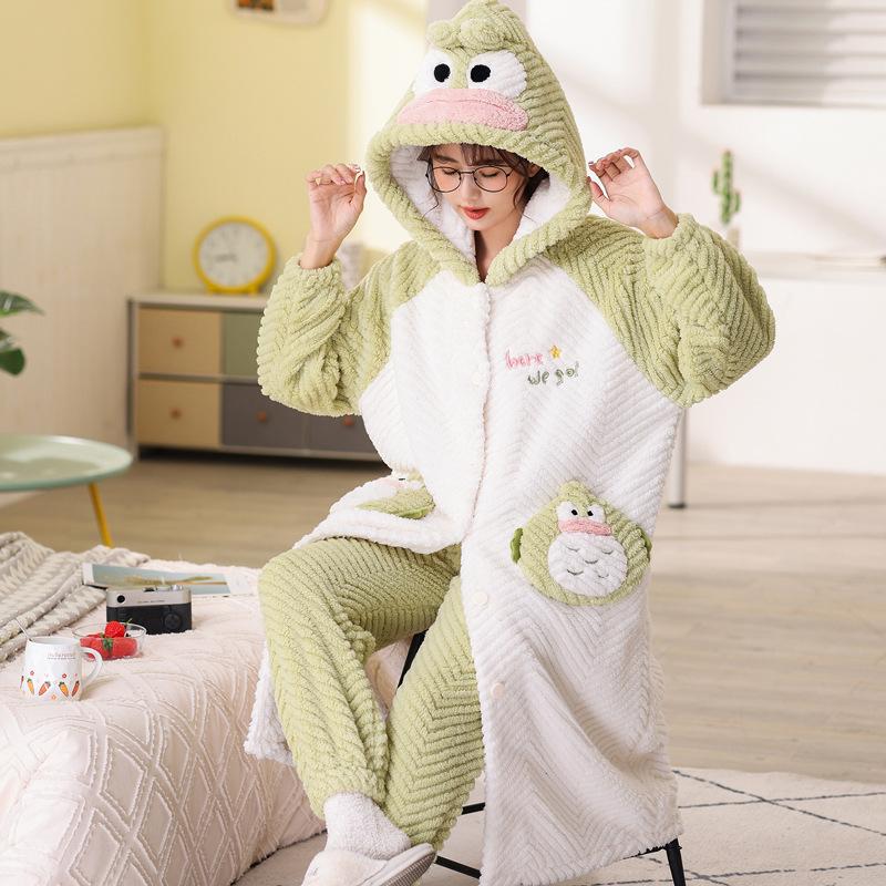 Winter Hooded Long-sleeved Pajamas and Pants Warm Flannel Pajamas Set for Women Cute Cartoon Doll Bear Role-playing Bathrobe