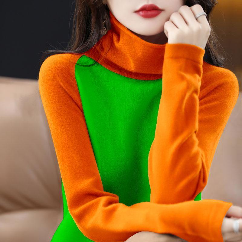 Autumn Women's Knitted Sweater Thin Long Sleeve Turtleneck Loose Knitted Bottom Shirt  Pullover Color-blocked Knit Top