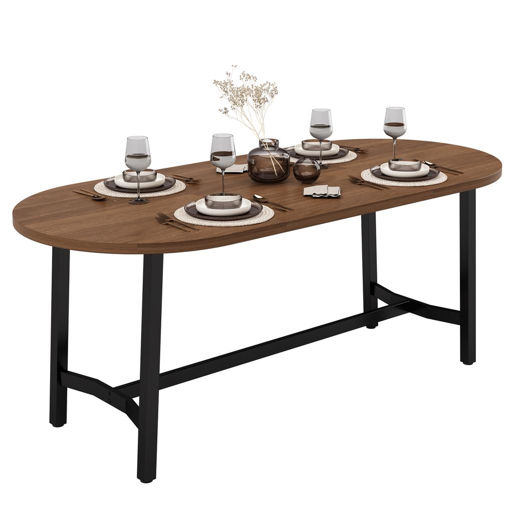Dining Table 180*80*75cm, Suitable for 6–8 People, with Rounded Corners, in Simple Style, Table Legs Made of Iron, Walnut Wood Color