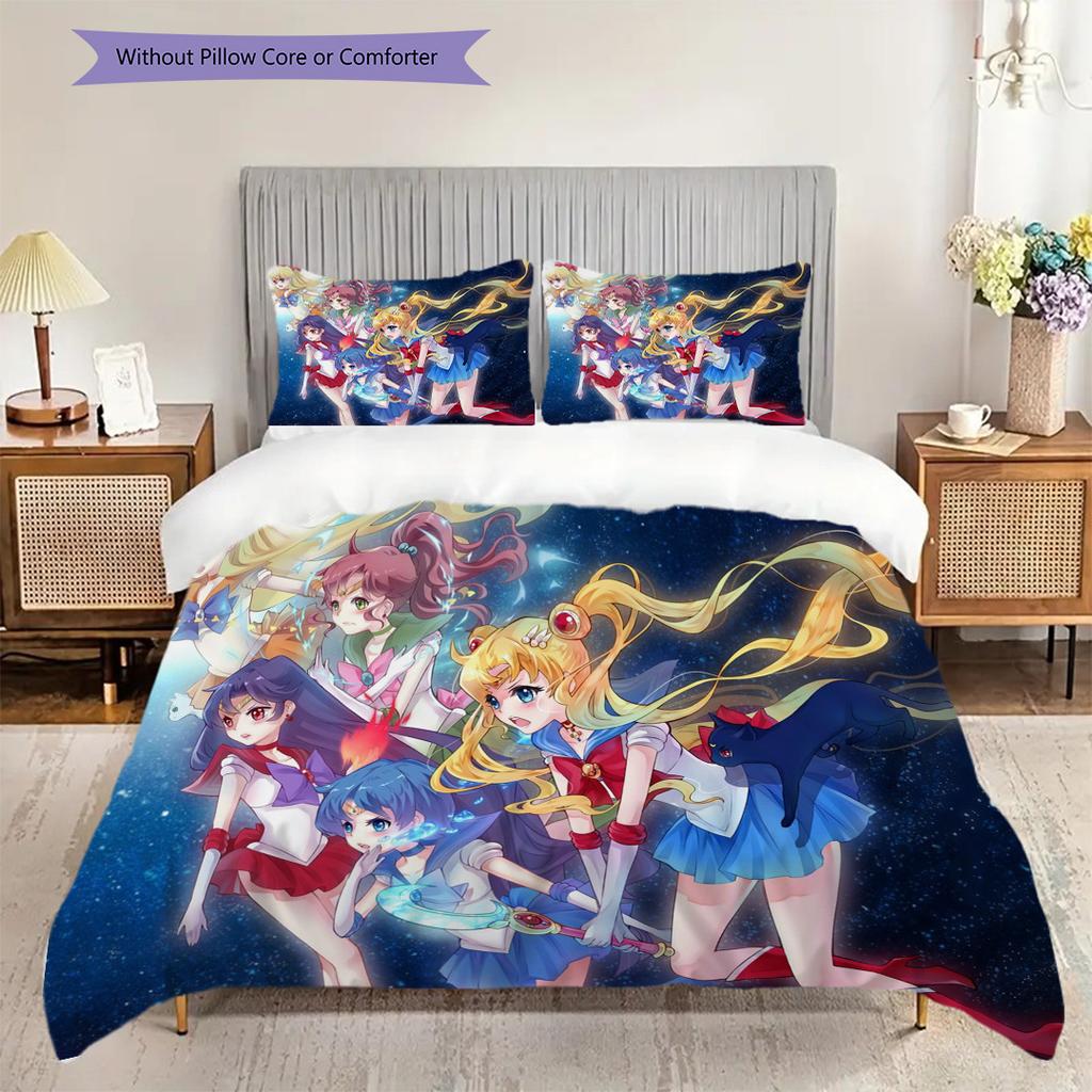 Süßes Cartoon-Thema Sailor Moon Tsukino Usagi Cartoon bequemer Heim-Bettbezug und Kissenbezug (1 * Bettbezug + 2 * Kissenbezug, ohne Füllung)A2
