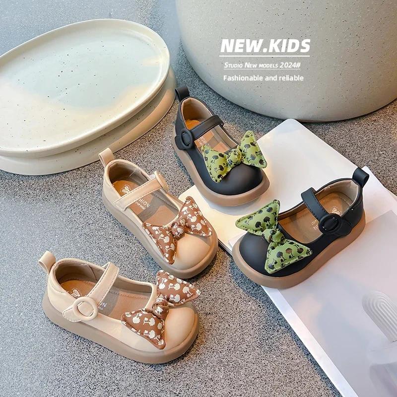 Girls' Dance Shoes Casual Soft Sole Kids Flat Shoes with Sweet Bow 2024 New Fashion Girls' Princess Shoes Solid Color Versatile