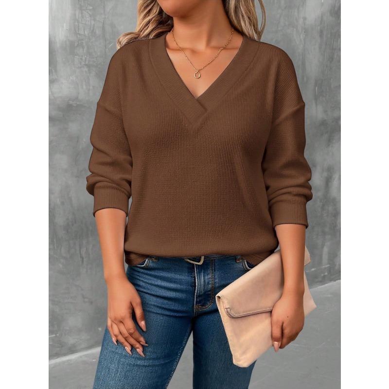 JPNTKY Women's Fashion Casual Solid Color Print V-Neck Long Sleeve Blouses & Shirts
