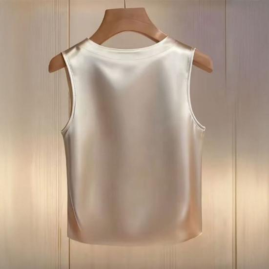 Damenweste Rundhalsausschnitt Imitierte Perlen Verziert Ärmellos Oberteile Glattes Satin Weiche Oberteile Lockerer Schnitt Freizeitoberteile Party Urlaub Tägliche Kleidung