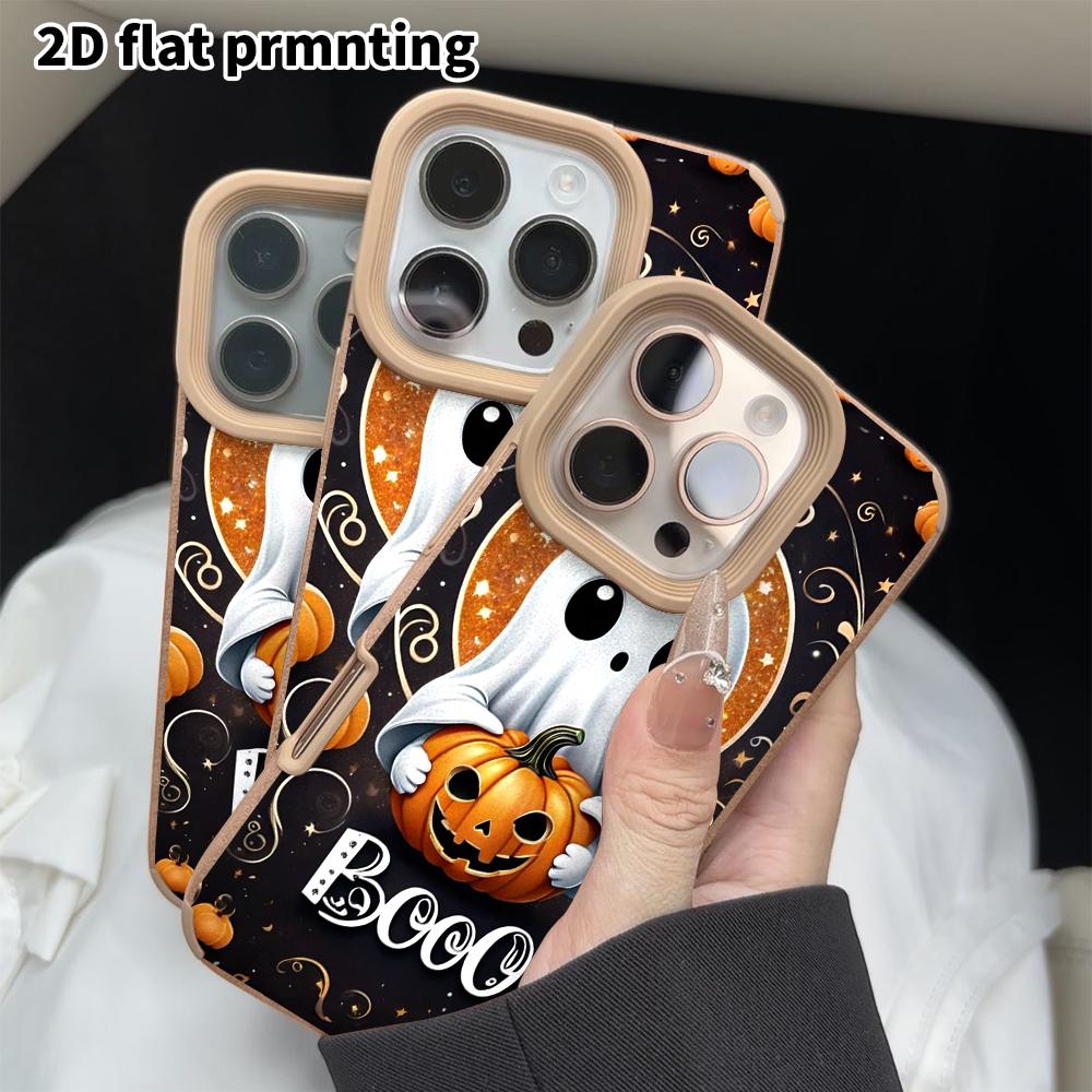 Phone Case: 2D Flat Lambskin Suitable for iPhone 18 17 16 15 14 13Pro, Holding Pumpkin Ghost, Christmas and Halloween Gift