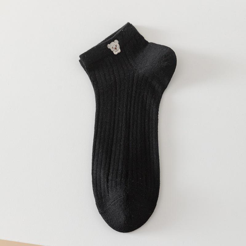 Women's Cute Cartoon Bear Ankle Socks - 2025 Spring/Summer Cotton Mesh, Solid Color, Thin Style