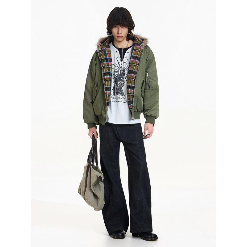 Blaexit Plaid Patchwork Shearling Collar Cotton Bomber Flight Jacket for Men, Thickened for Winter