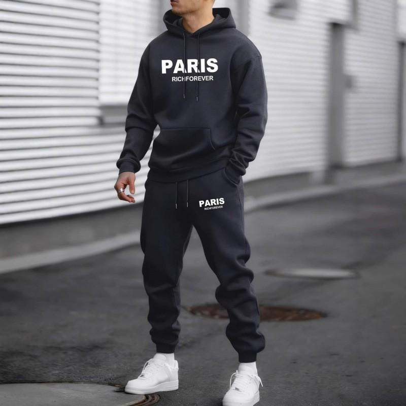 Mens Casual Hoodie Jogger Set With Letter Print Warm Fleece-Lined 2-Piece Outfit