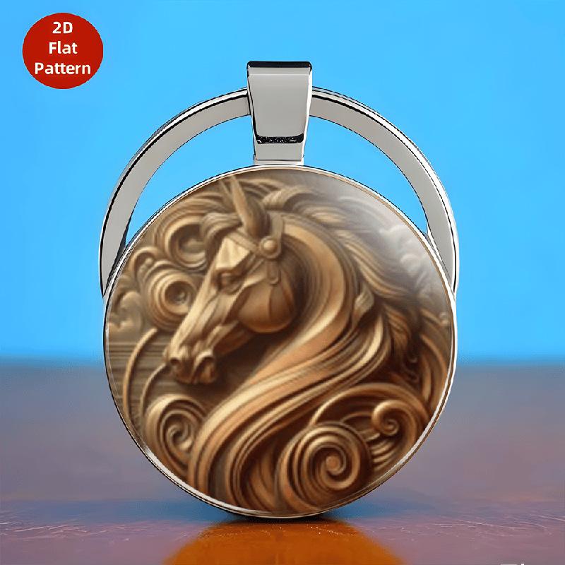 Vintage Horse Head Pattern Dome Glass Alloy Keychain Backpack Pendant Hanging Decoration Car Keyring New Year Gift