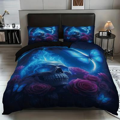 3-teiliges Halloween-Bettwäsche-Set mit Totenkopf-Druck für vier Jahreszeiten, kernlos, weich, bequem, in mehreren Größen, maschinenwaschbar
