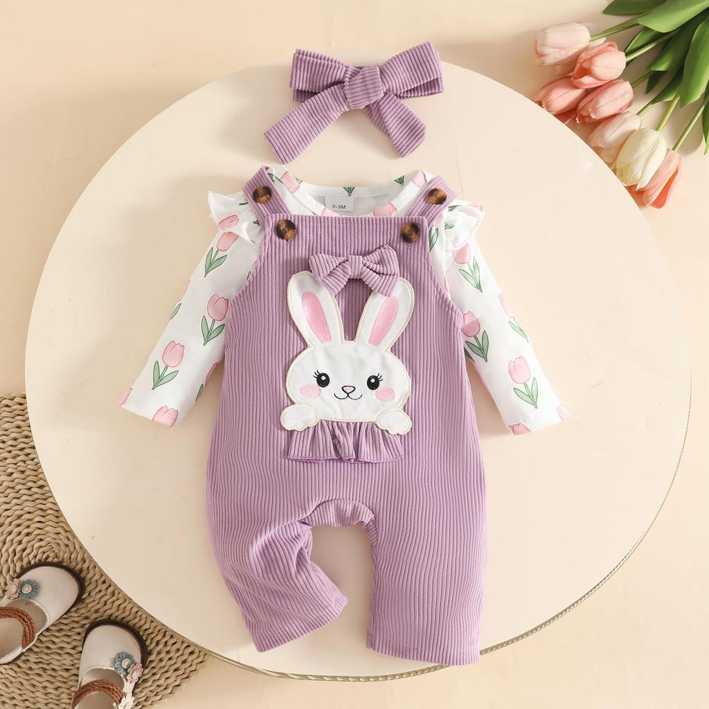 Cartoon Animal Overalls, Long Sleeve Bodysuit & Headband Set - Autumn/Winter Baby Girl Outfit