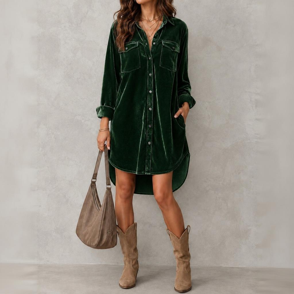 Women's Fashion Casual Velvet Shirt Dress with Pockets for Everyday Wear and Work