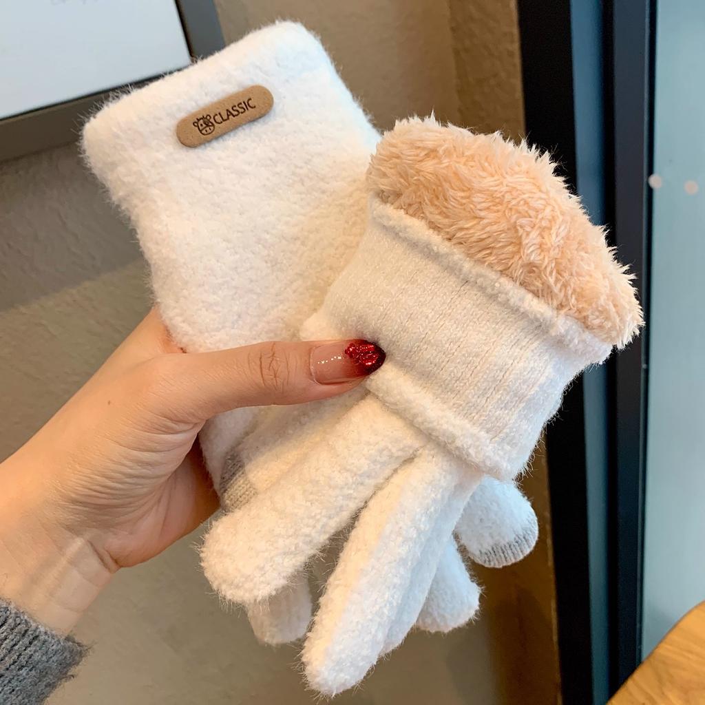 ins Knitted Finger Gloves Women's Warm Thickened Fleece Antifreeze Solid Color Gloves Students