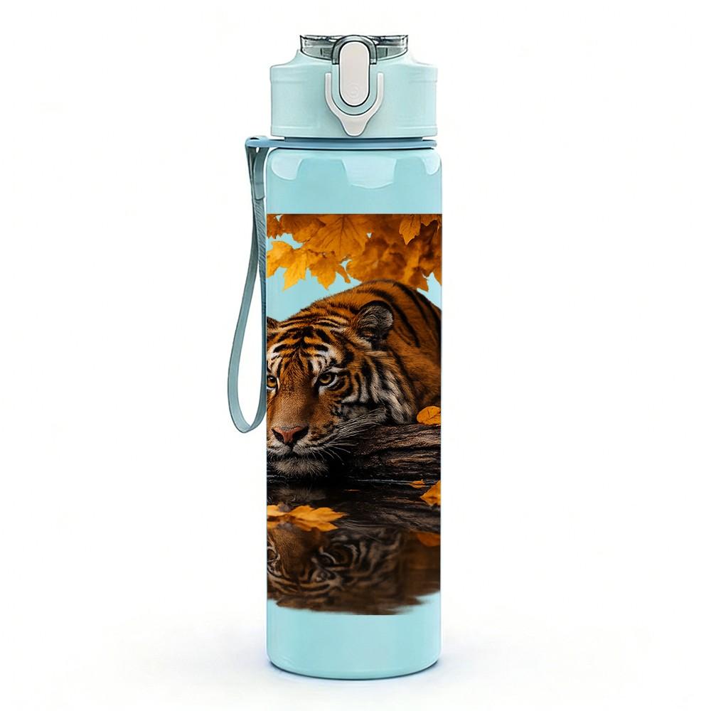 1PC Tiger On Golden Lake Sunset Scene Print 750ml Color Plastic Sports Water Bottle Leakproof Flip Straw Lid Suitable for Sports Office Home Use