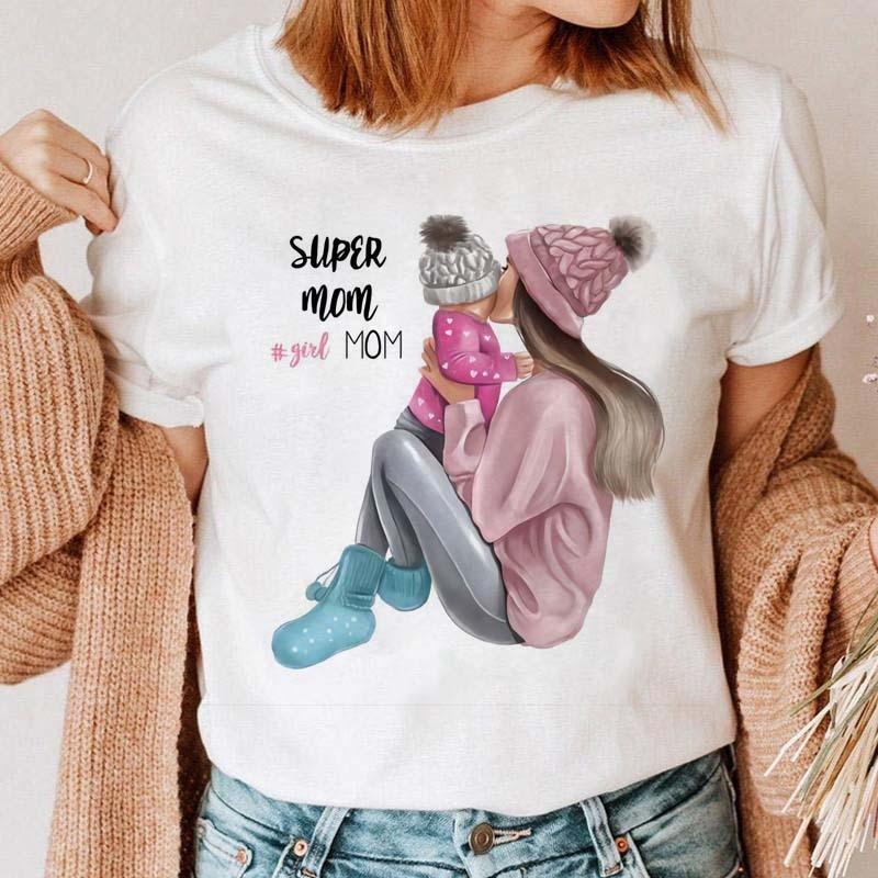 Maycaur Women Cartoon Mom Mother Boy Girl Print Mother Lady T-shirts Casual Top T Shirt Ladies Womens Graphic Female Tee T-Shirt