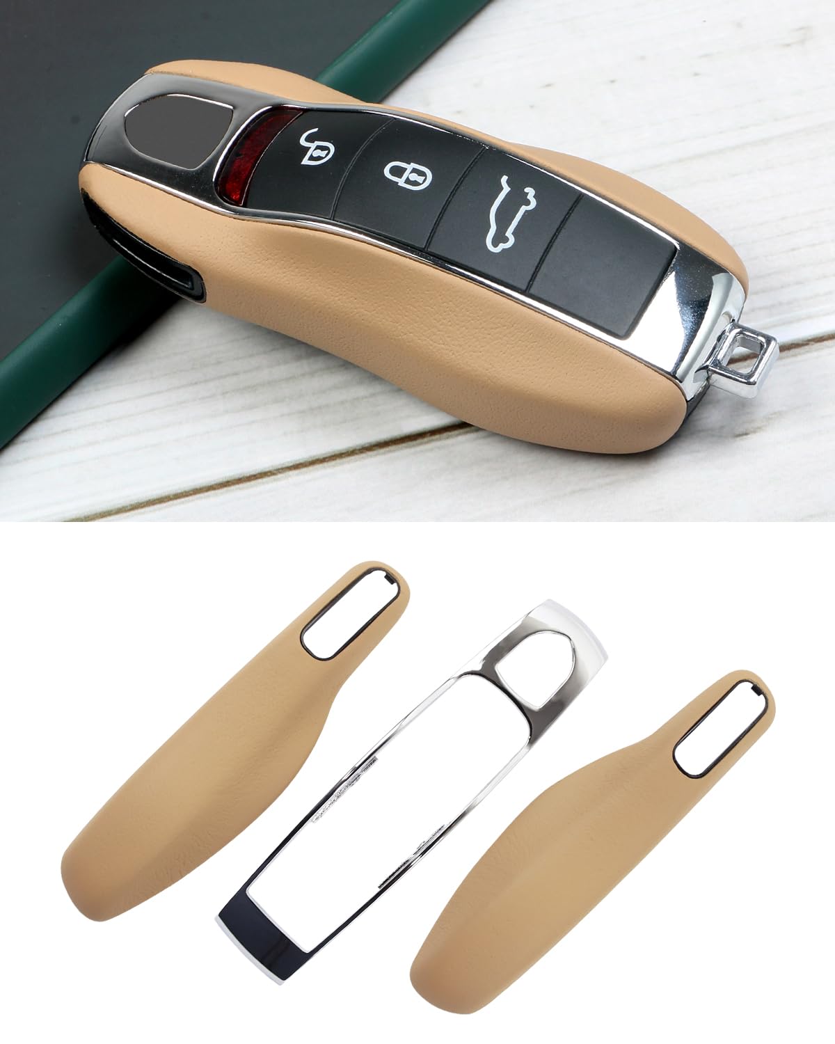 

Beige Leather Key Case Cover for Porsche and 718 Macan, Cayenne, Panamera, 911, Boxster, Cayman,
