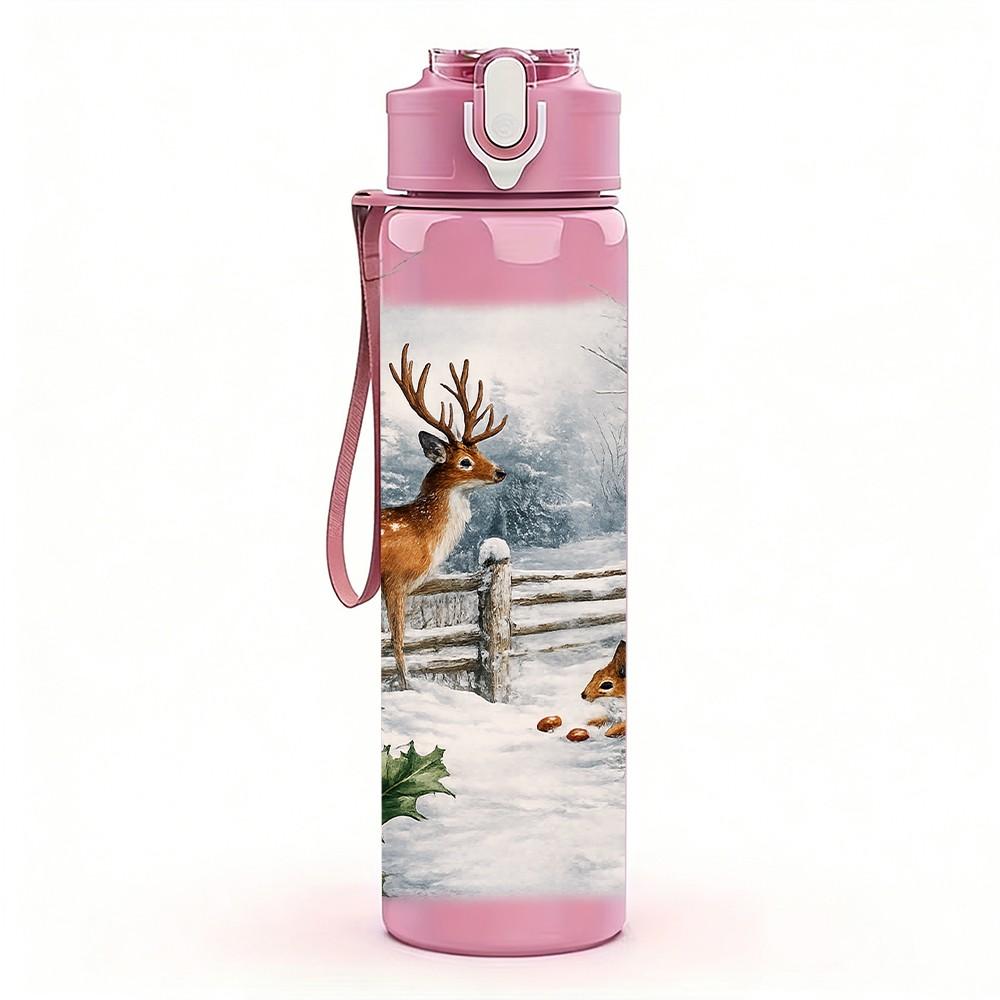 1PC Winter Deer Snow Forest 750ml Color Plastic Sports Water Bottle Leakproof Flip Straw Lid Suitable for Sports Office Home Use