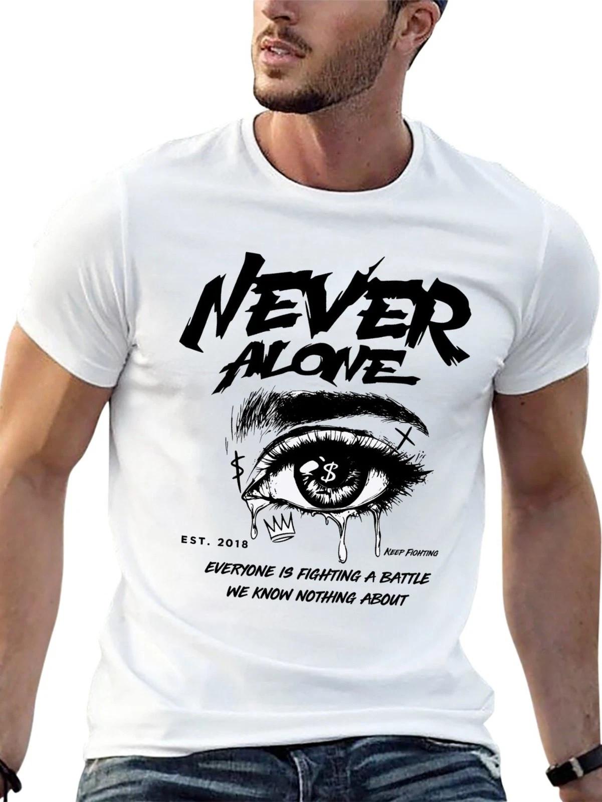 Never Alone Letter & Eye Graphic T-Shirt, Men s Streetwear Motivational Tee S разноцветный