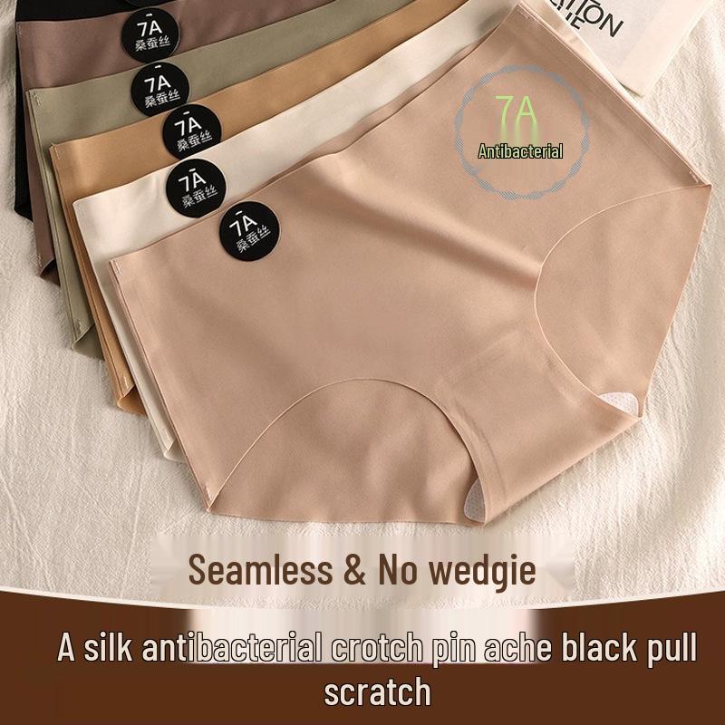 

7A Mulberry Silk Mid-Waist Antibacterial Seamless Panties - Women s Simple & Skin-Friendly Ice Silk Triangle Design XL (120-140 lbs)