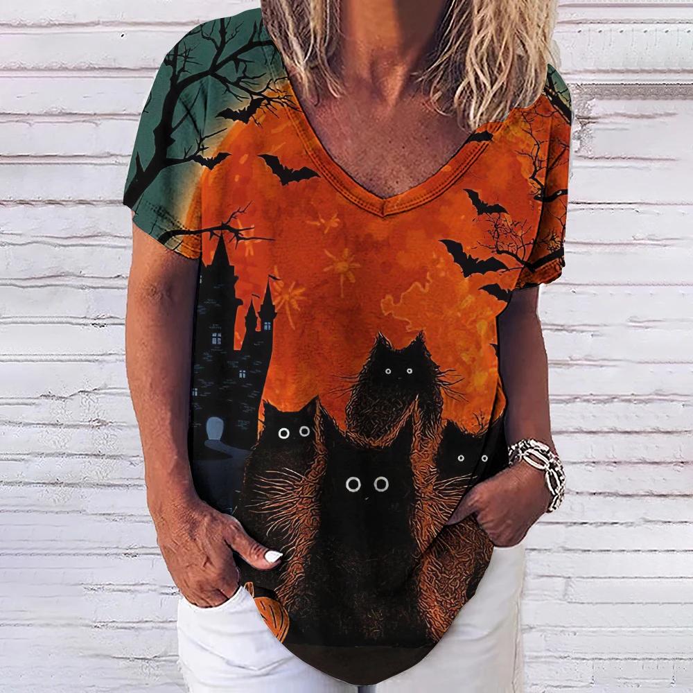 Women's T-shirt 3D Fashionable Cat Print V-neck Short Sleeved Basic Top Street Wear Summer Casual Loose Fitting Women's Clothing