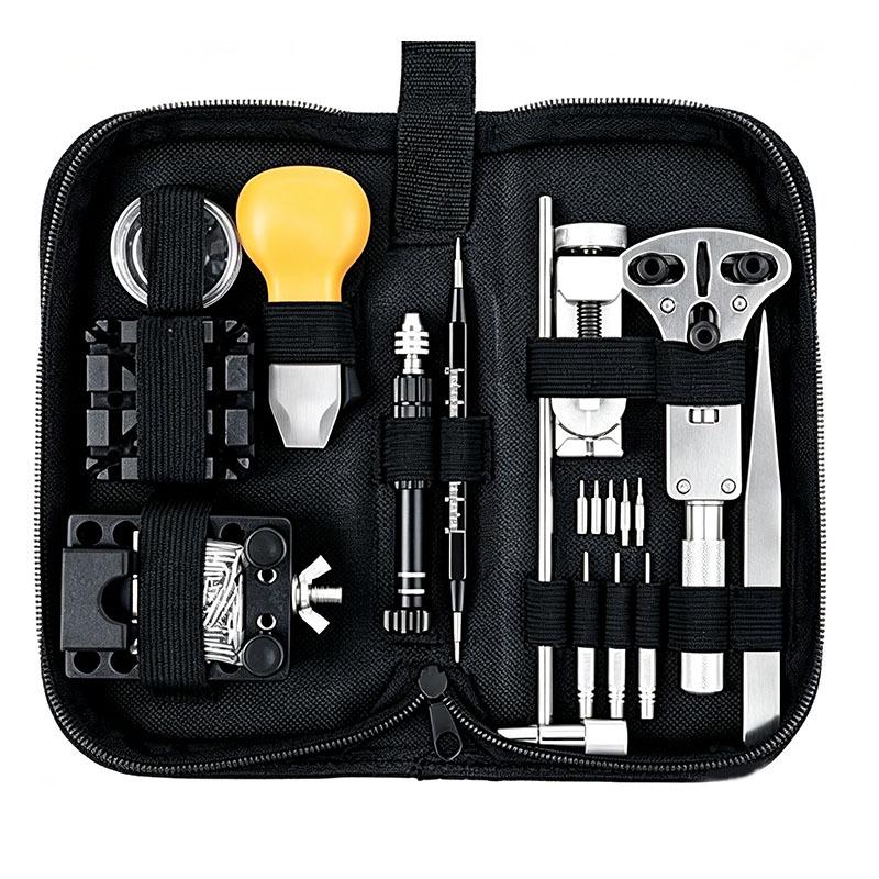 Watch Repair & Maintenance Tool Set with Disassembly Tools, Battery Replacement, and Cloth Bag.