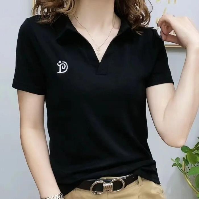 Fashion Polo T Shirt Women Short Sleeve Summer V Neck Letter Pullover Soft Green Knitted Tees Female Clothing Large Size Ladies