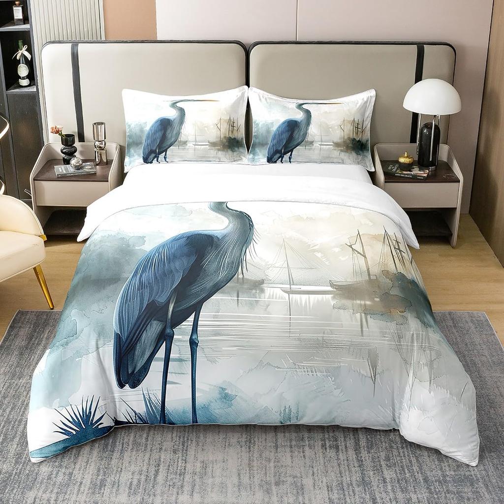 Crane Duvet Cover Set For Kids Boys Girls Quilt Covers Queen Lightweight Down Bedroom Decor 2 Pillowcases 1 Duvet Cover No Quilt
