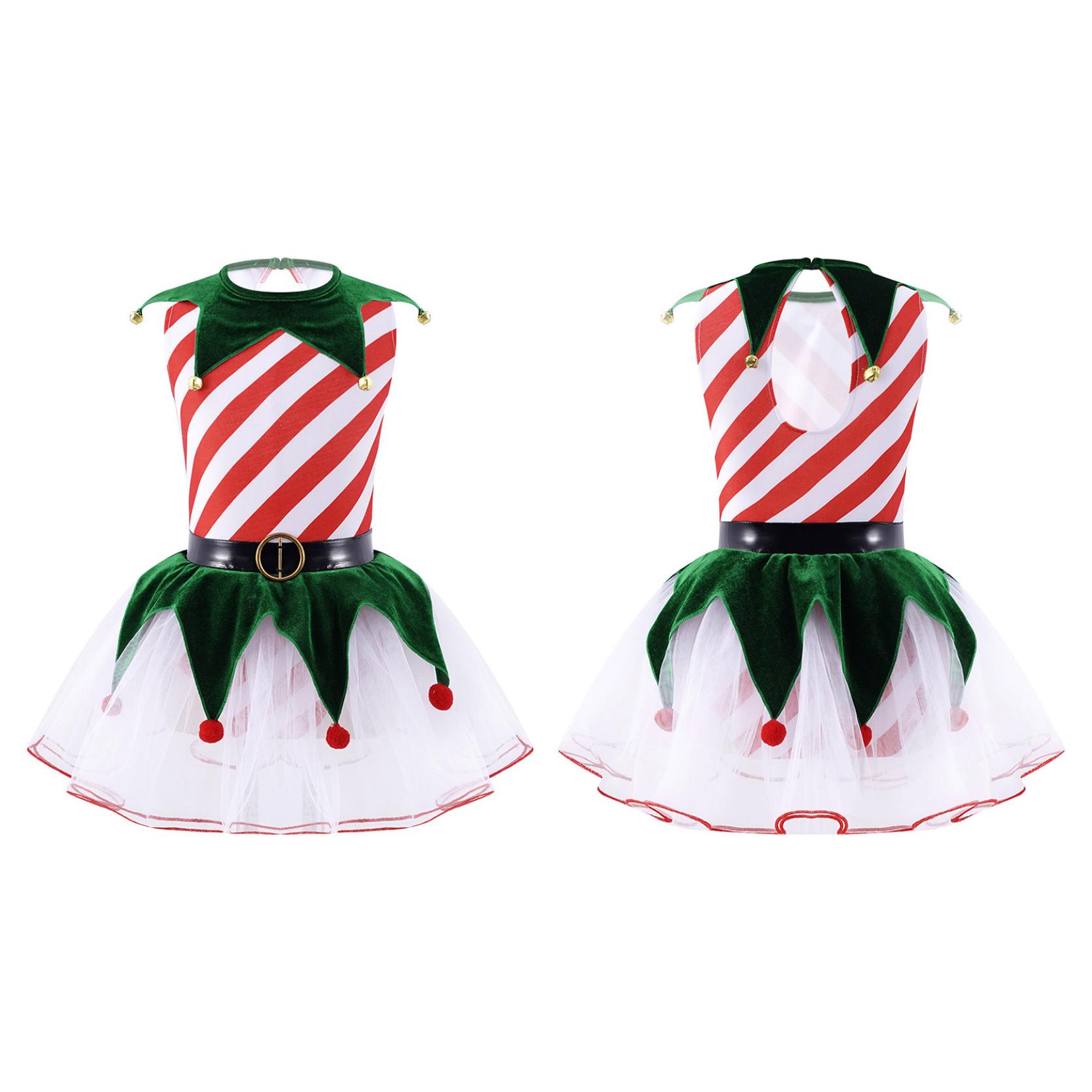 

Girls Vintage Christmas Dress Red Stripes Princess Cosplay Fancy Ballet Dance Leotard Tutu Birthday Outfits With Bells Pom Pom 11-12 Years
