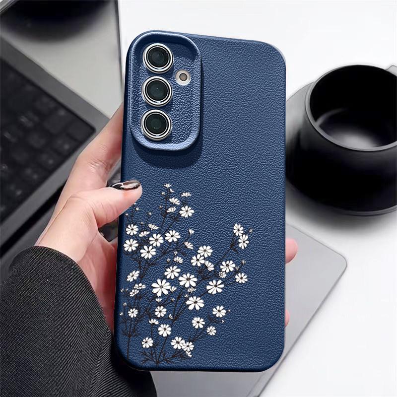 Floral Print TPU Leather Texture Slim Phone Case For Samsung S25 Ultra S24 FE S23 S22 A56 A36 A16 A15 A55 A35 Matte Shockproof Soft Bumper Cover