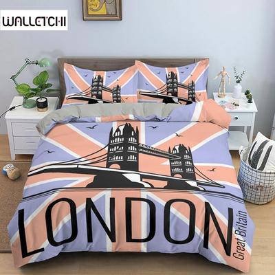 UK London Stil Königin König Bettbezug Britische Elemente Bettwäscheset für Teenager Erwachsene London Bridge Big Ben Polyester Steppdeckenbezug