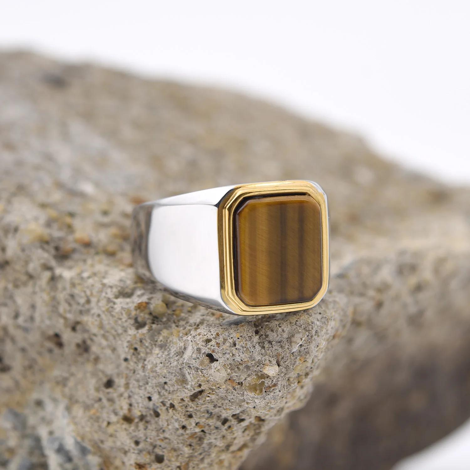 

Men s/Women High Quality Stainless Steel Multiple Colors Gemstone Styles Golden Onyx Rings Jewelry 13 кавовий