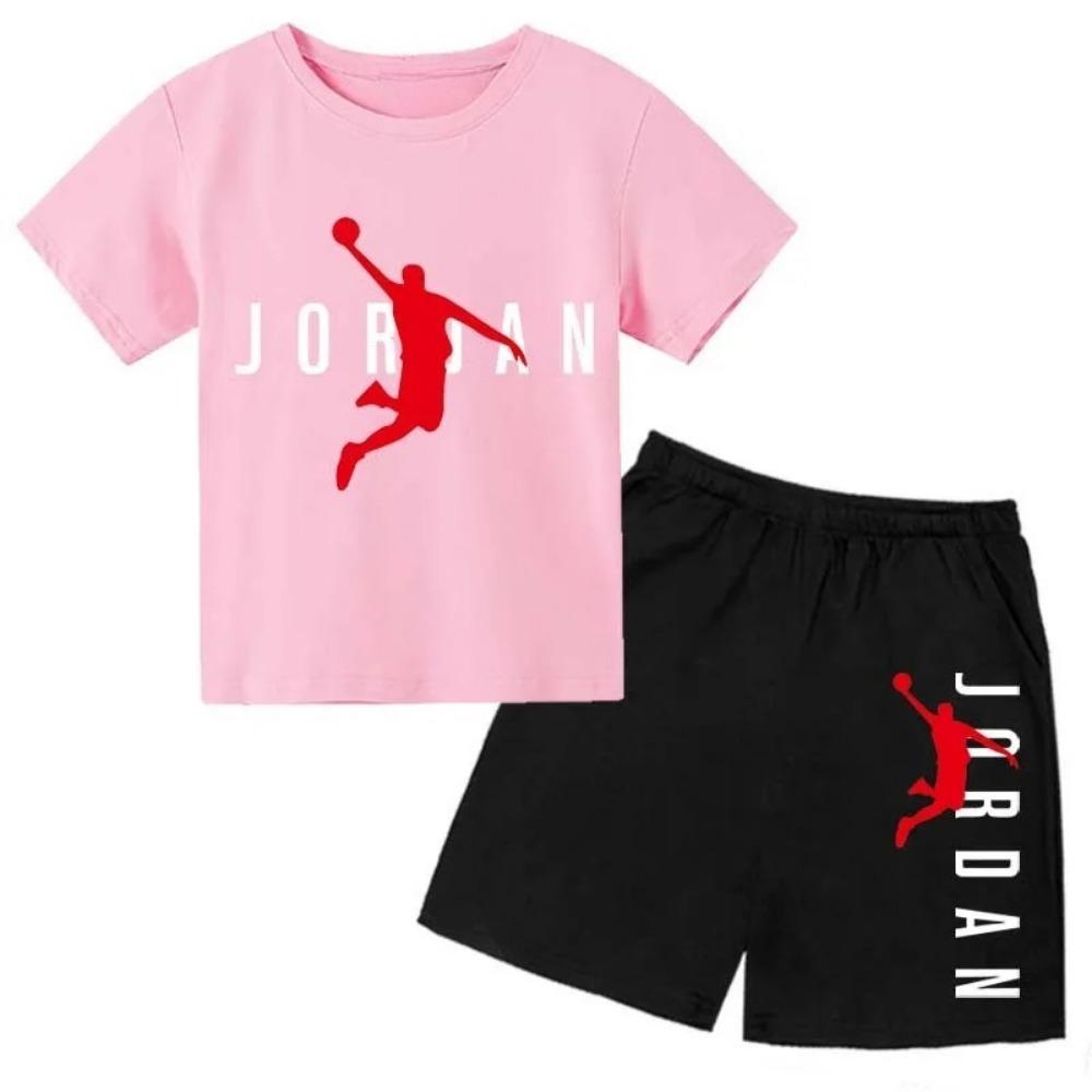 Set Estivo 2 Pezzi T-shirt a Maniche Corte con Stampa Lettere del Brand + Pantaloncini per Bambini e Bambine Set Casual alla Moda