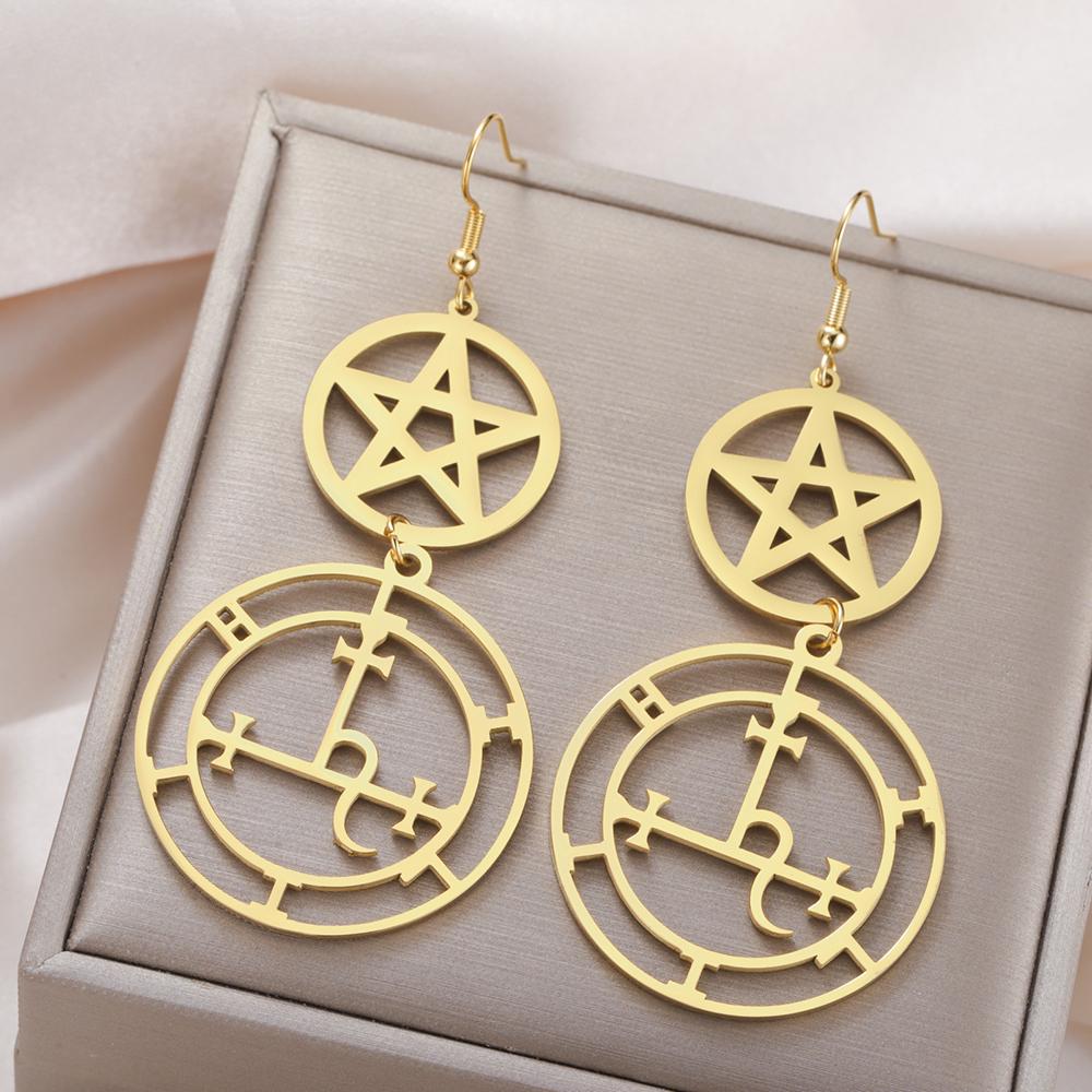 Dawapara Wheel of Hecate Pentagram Earrings Sigil of Lilith Moon Goddess Pentacle Symbol Stainless Steel Earrings Wiccan Jewelry